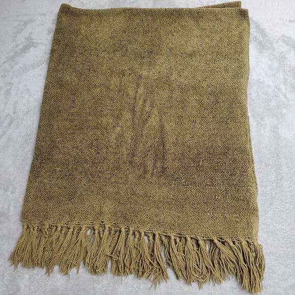 Pottery Barn Nubby Chenille Throw Olive Green Fringe 58x50 Sofa Chair Blanket - Picture 13 of 13